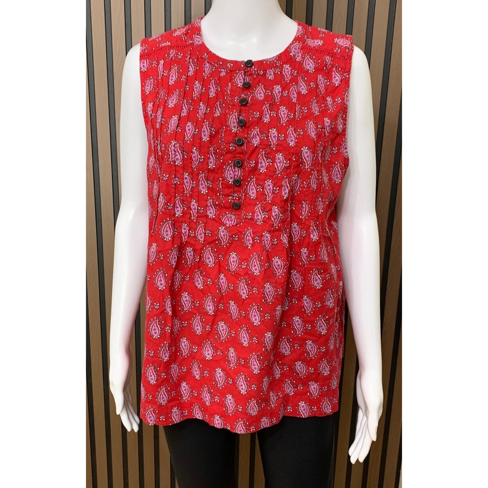 Duluth Trading Co Red Paisley Hemp Cotton Sleeveless Pintuck Henley Top M